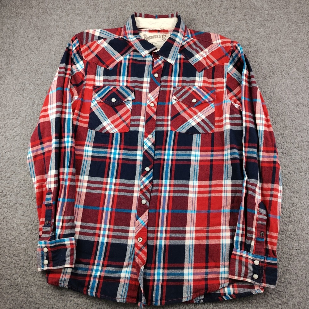 Roebuck & Co Pearl Snap Shirt Mens Large Plaid Red Western Rodeo Cowboy EUC
